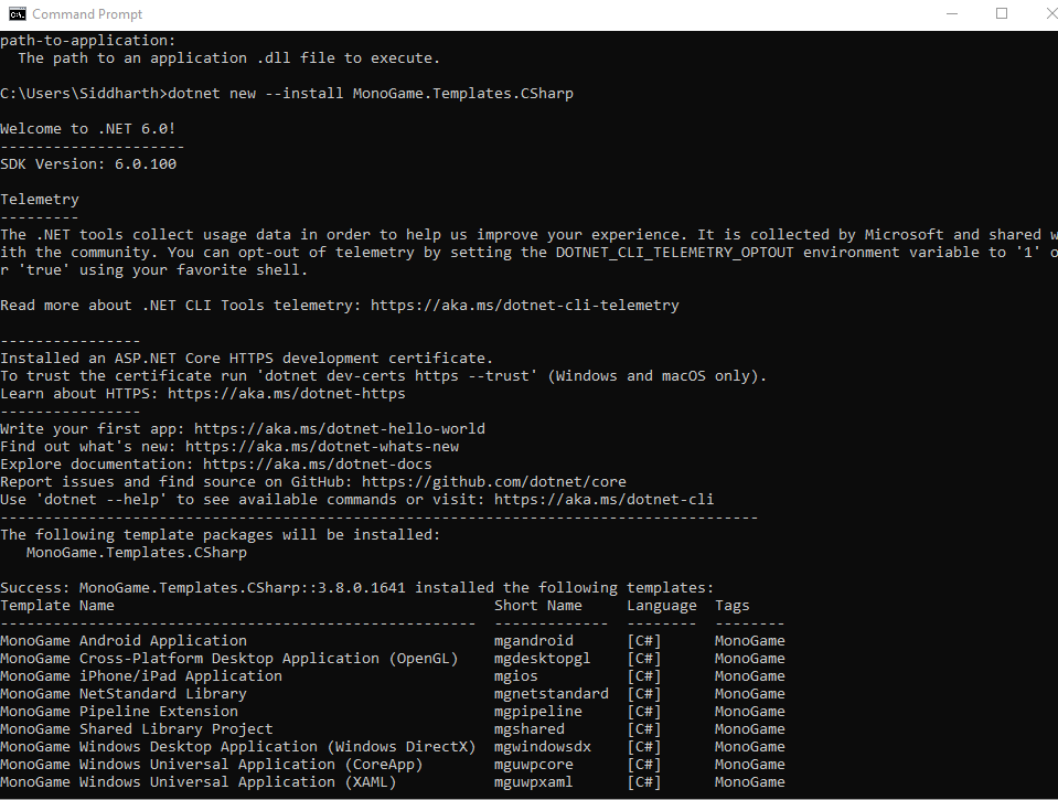 MonoGame templates installed successfully