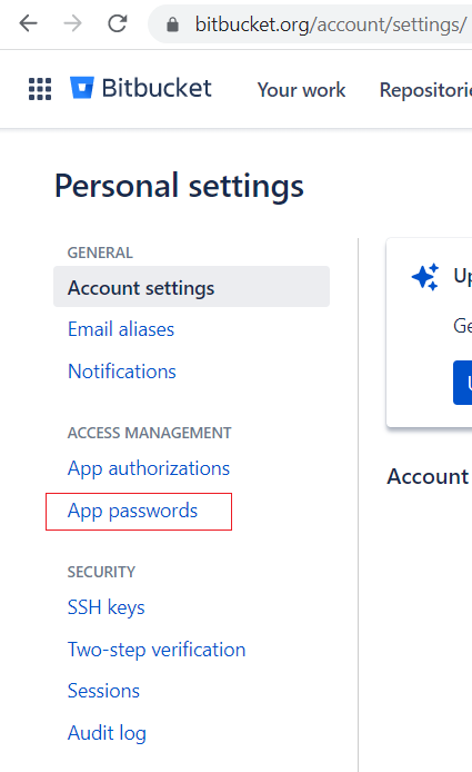 Bitbucket personal setting page and link for App Password