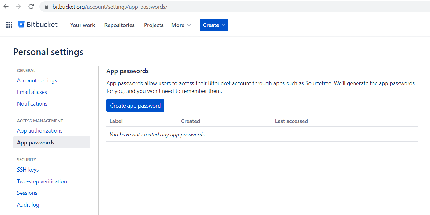 Bitbucket App password initial screen
