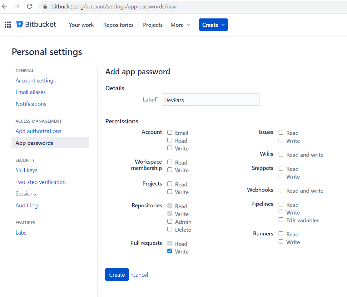 Bitbucket App password screen give permission